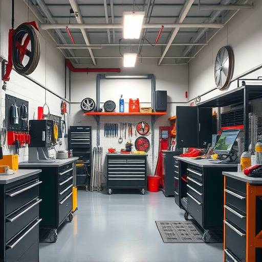 Inside view of the Apex Automotive workshop, clean and organized with tools and equipment