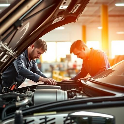 Mechanics working on a car engine in the well-lit Apex Automotive workshop