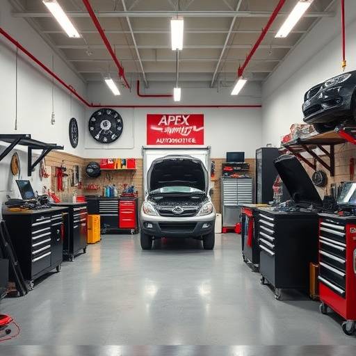 Well-organized tools and equipment setup in the Apex Automotive workshop